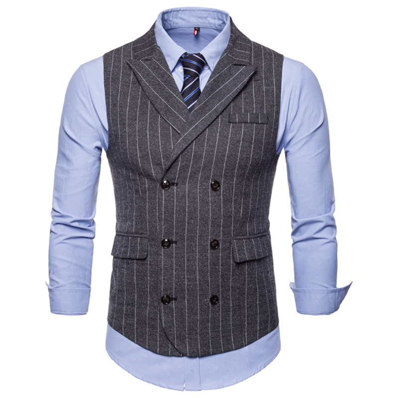 Heren Mouwloos Pak Vest Herfst en Winter Retro Piek-revers Streep Mannelijke Toevallige Double-Breasted Vest: Donkergrijs / M