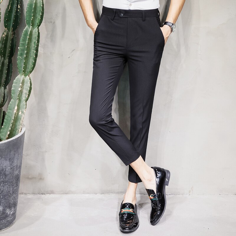 Britse herenstijl, slim fit, zwarte grijze broek, heren formele pantalon, lana streep, heren zakelijke broek, elegante: Zwart / 30