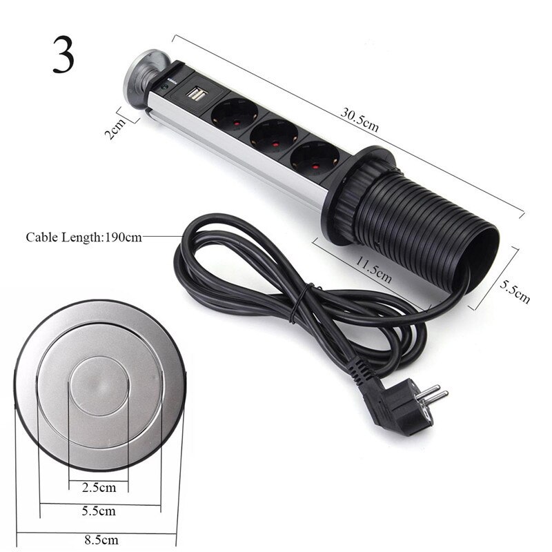 3/4/5 power EU Plug Hidden Kitchen Table Pop Up Electrical Socket Power 1 Led+2 charge USB Aluminum Shelf Silver/Black Cap