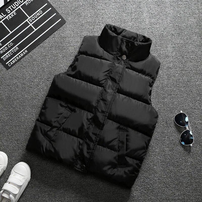 Chaleco de algodón con cuello levantado para niños, ropa cálida sin mangas, de 3 a 12 años, Color sólido, para Otoño e Invierno: Black / 100 Height 90-100cm