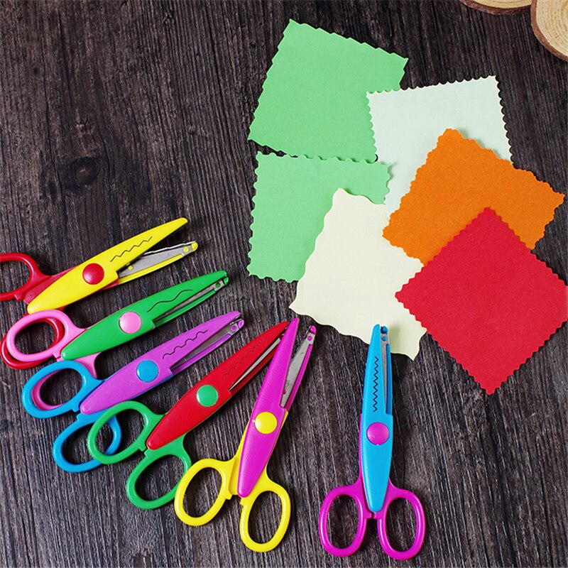 1pcs Scissors Metal and Plastic Diy Scrapbooking Photo Colors Scissors Paper Lace Diary 6 Patterns Stationery