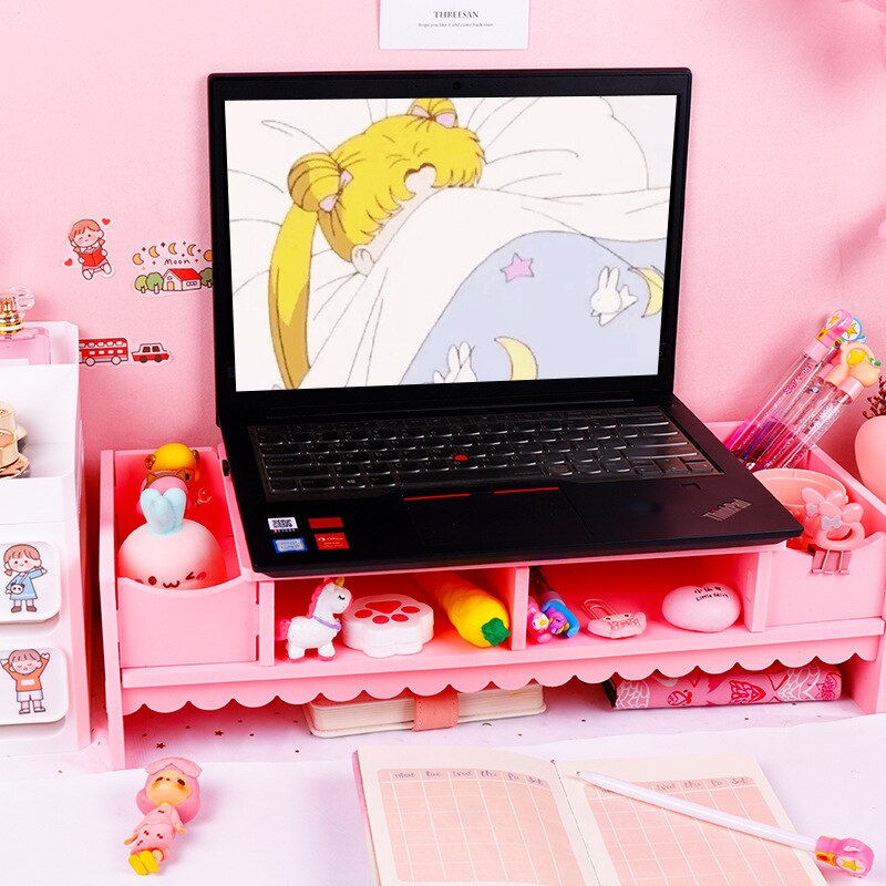 Cute Pink Monitor Stand Desktop Storage Solid Wood Bracket Notebook Desktop Computer Monitor Increase Rack Office Supplies