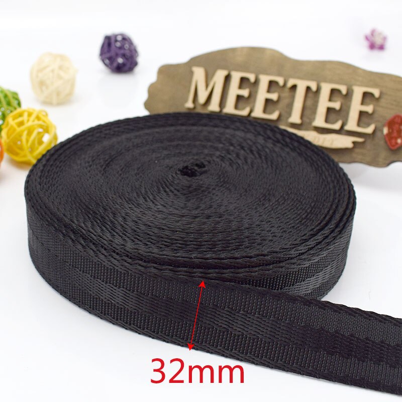 Meetee 5 meter 20-50mm polyester nylon webbing tape sikkerhedssæde bånd rygsæk kæledyr rem bælte omsnøring blonder bias bindende tape: Sort -32mm