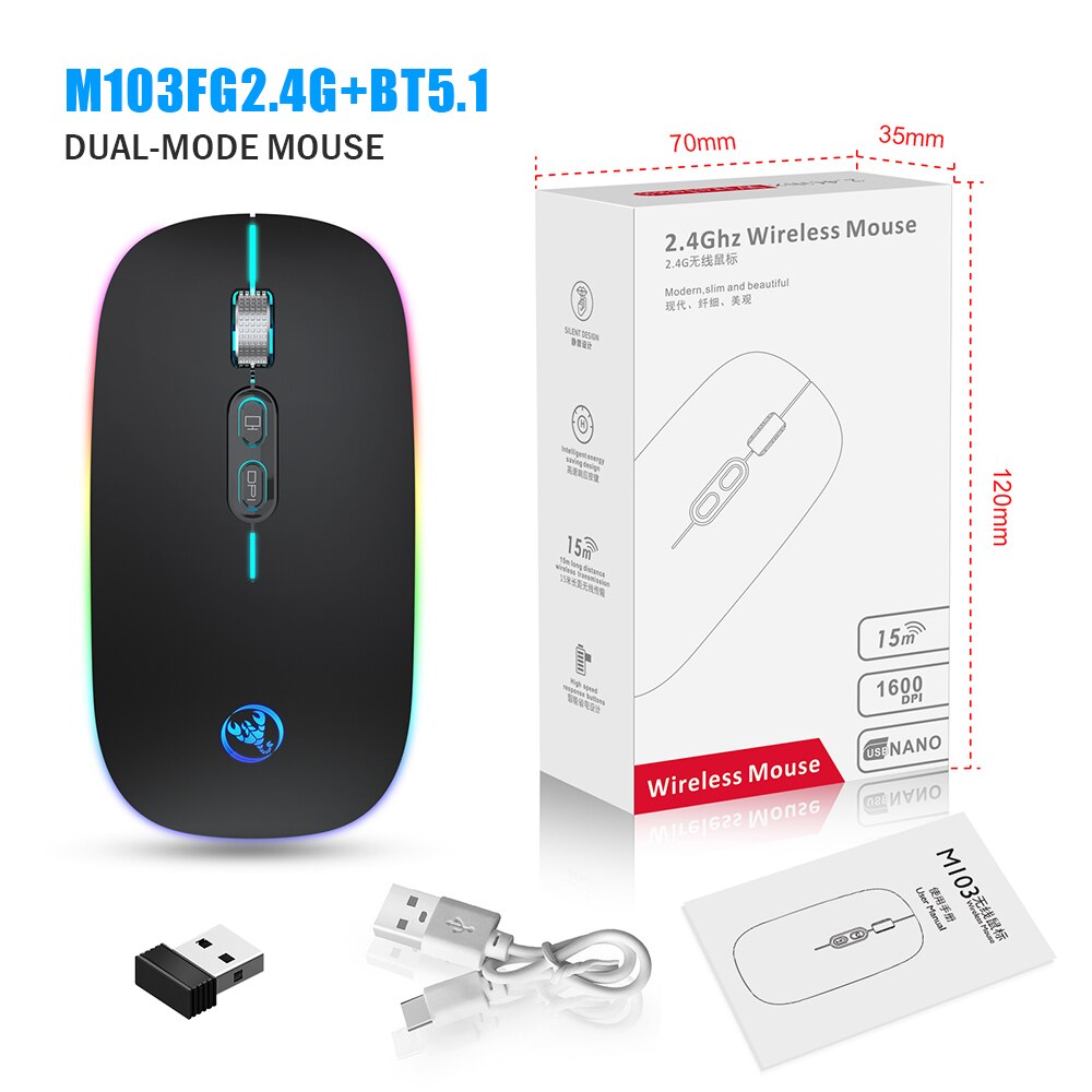 VicTsing-ratón inalámbrico recargable 2,4G, Mouse con Bluetooth V5.1, LED, delgado, con botón de inicio para ordenador portátil, PC, escritorio