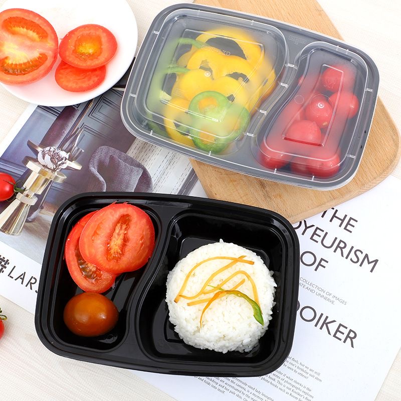 5/10 stuks zwarte wegwerp lunchboxen met twee of drie compartimenten, fastfoodverpakking met deksel, vershoudbox