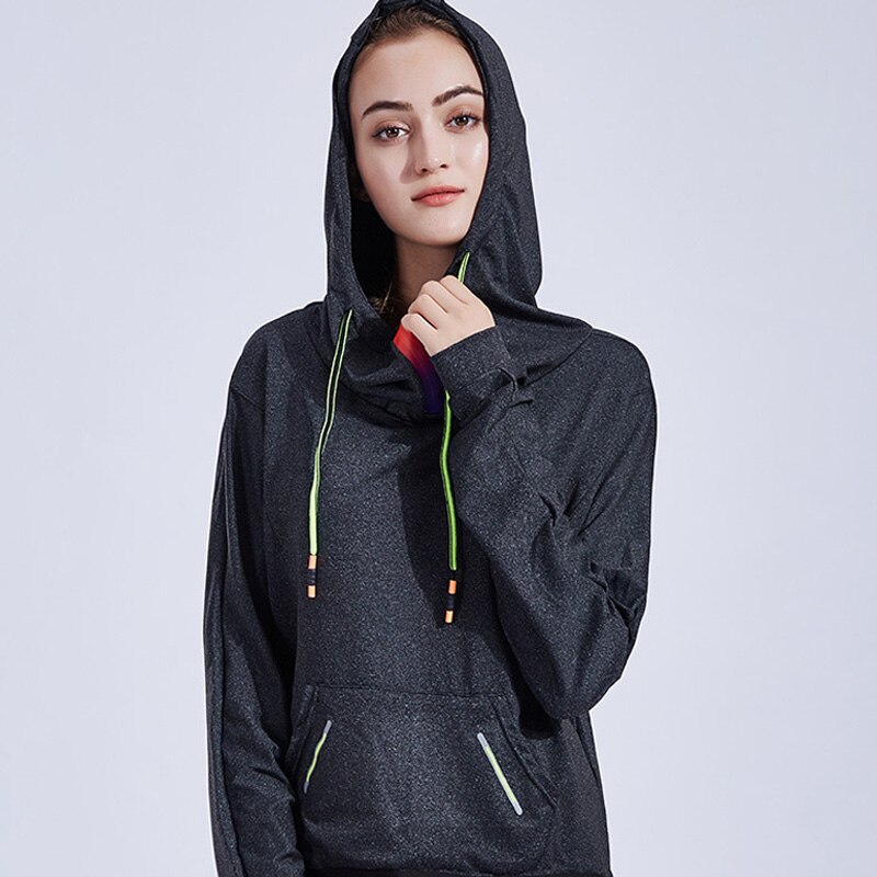 Løs afslappet langærmet hættetrøje vindtæt sports t-shirts toppe lynlås snøre bluse dame jogger træningstøj: L / Sort