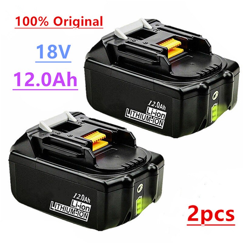 2 stk original 18 v 12ah genopladeligt batteri li-ion batteri udskiftning elværktøjs batteri til makita bl1880 bl1860 bl1830+ oplader: Blå