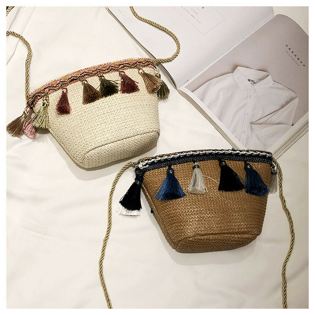 Donna di modo di Paglia Crossbody Borsa Delle Signore di Sacchetto casuale A Tracolla Piccola Nappa Borsa Da Spiaggia proprietà Borsa lembo Rattan Borsa per Le Donne