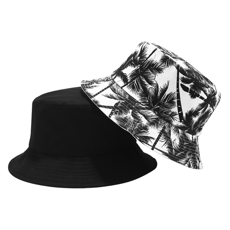 Trend unisex sommer vendbar kokosnød træ trykt strand foldbare fisker kasketter bøttehatte gorro: 1