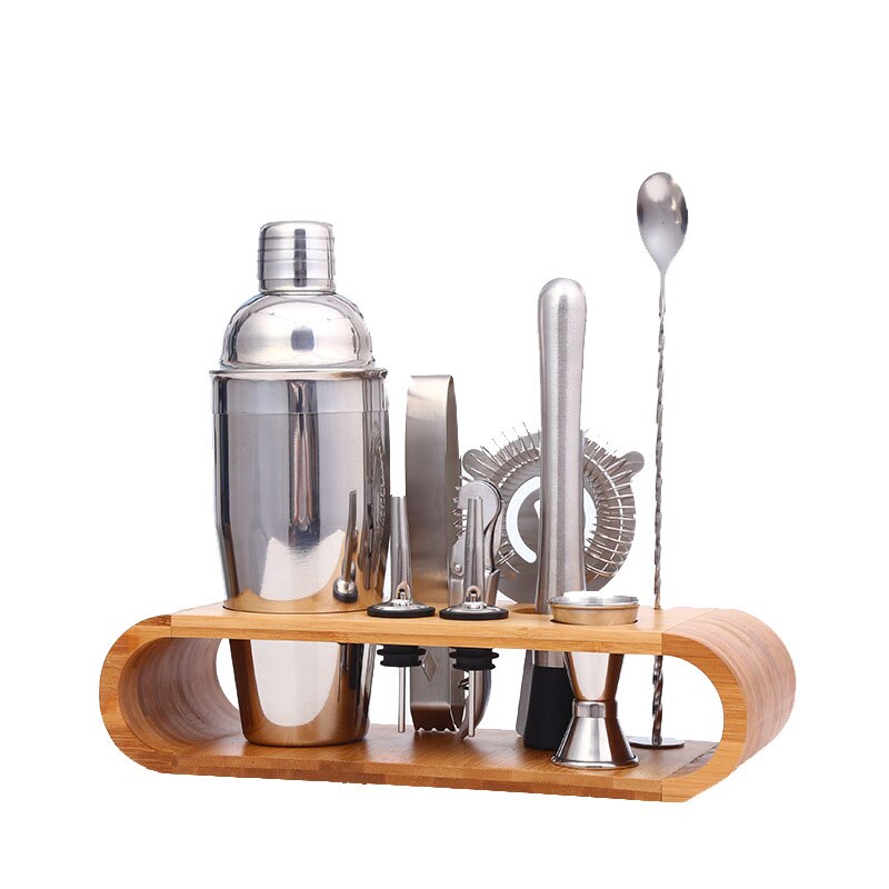 Halkfritt bartenderkit barverktyg vinblandare snygg bambuställning multifunktions rostfritt stål 9 st/set silver köksprylar