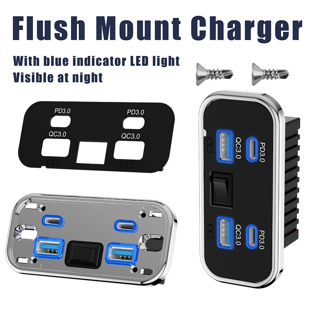 4 bærer, 12v usb-uttak til bobil  pd3.0 76w doble hurtigladere av type c og  qc3.0 panelmonterte veggladeradaptere til marin buss, atv og lastebil