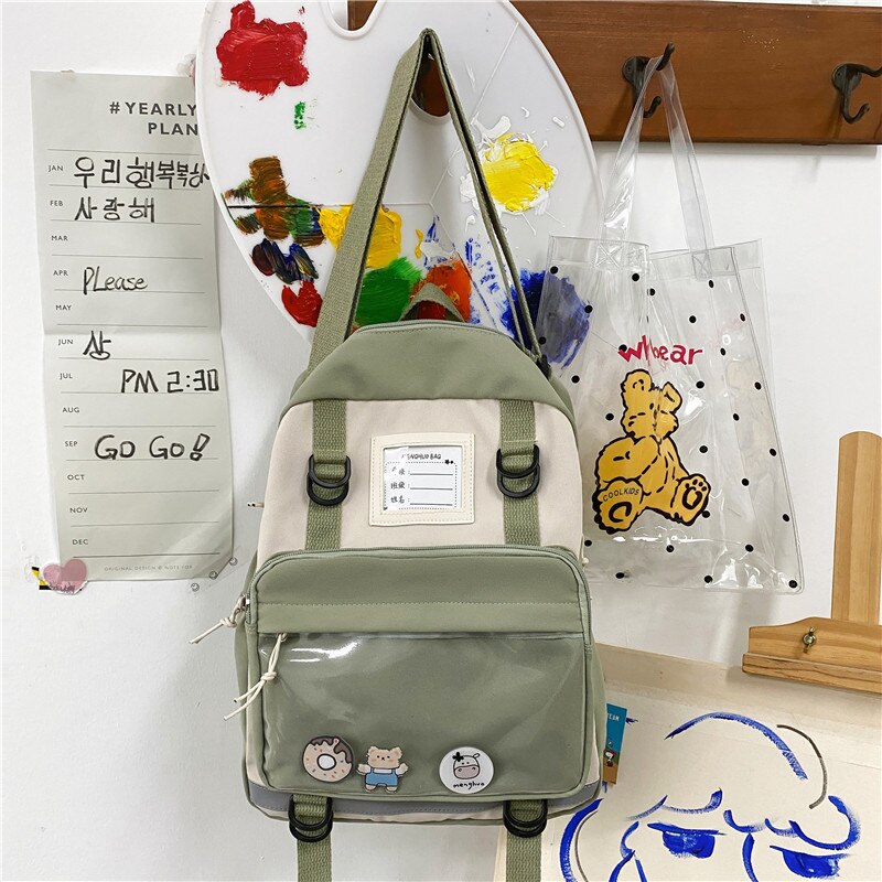 DCIMOR Waterproof Nylon Multifunction Women Backpack Female Lovely Transparent Pocket Travel Bag Small Schoolbag for Girls: green / only backpack