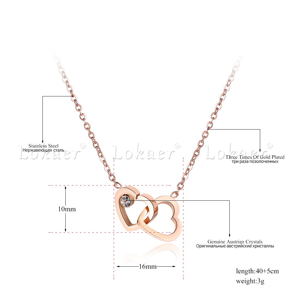 Lokaer colar corrente e fecho de zircônia cúbica, dupla coração, joias de titânio aço rosa dourado para mulheres n18058