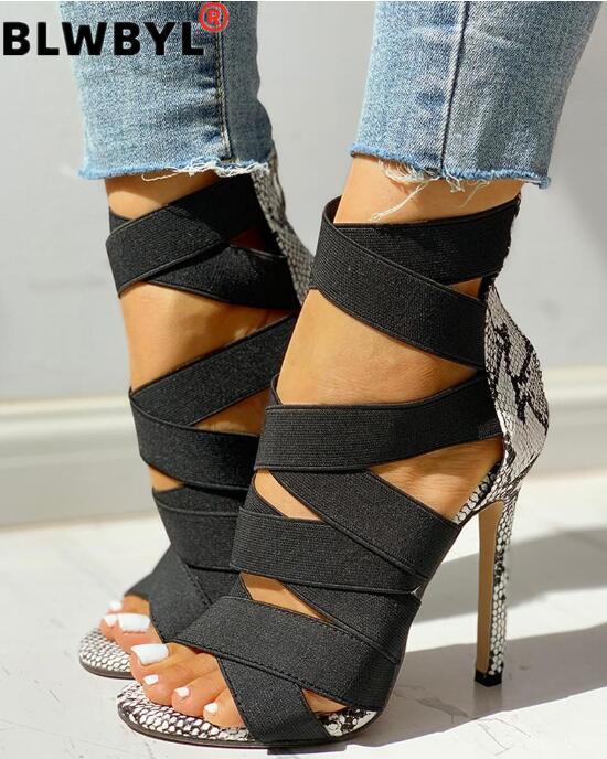 Sandalias Mujer femmes dames pompes pansement Patchwork couleurs mélangées serpent talons hauts sandales chaussures décontractées taille 37 ~ 43