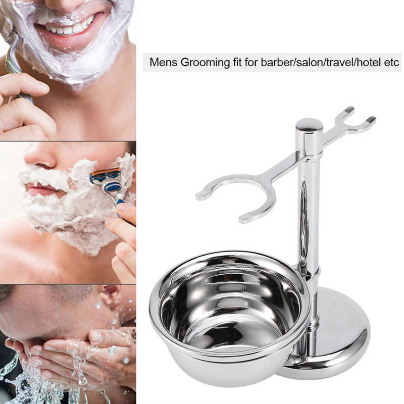 Kit de afeitado de lujo, brocha de acero inoxidable y soporte de seguridad para maquinilla de afeitar con tazón para jabón