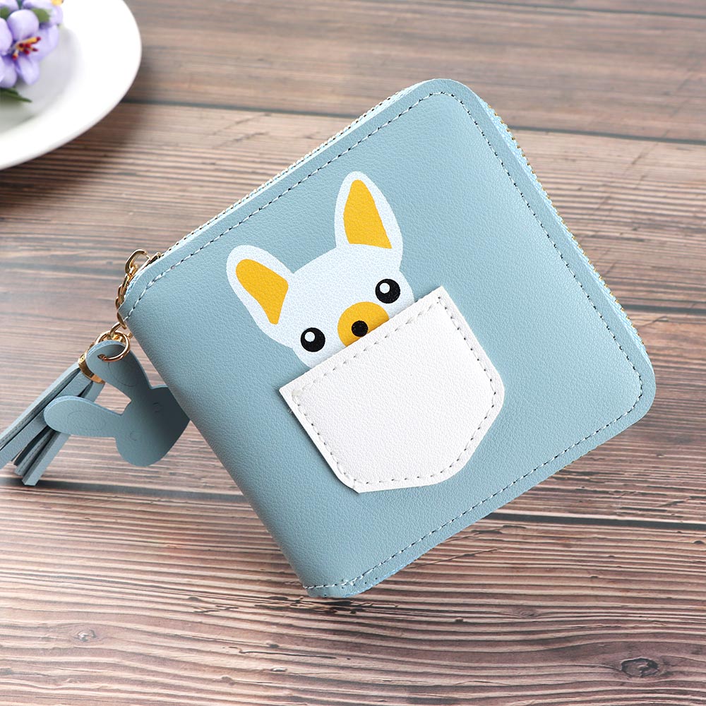 Korte kwastjes dames portemonnees schattige kleine portemonnee cartoon hond dier korte portemonnee met rits rond dames clutch kaarthouder: Blauw