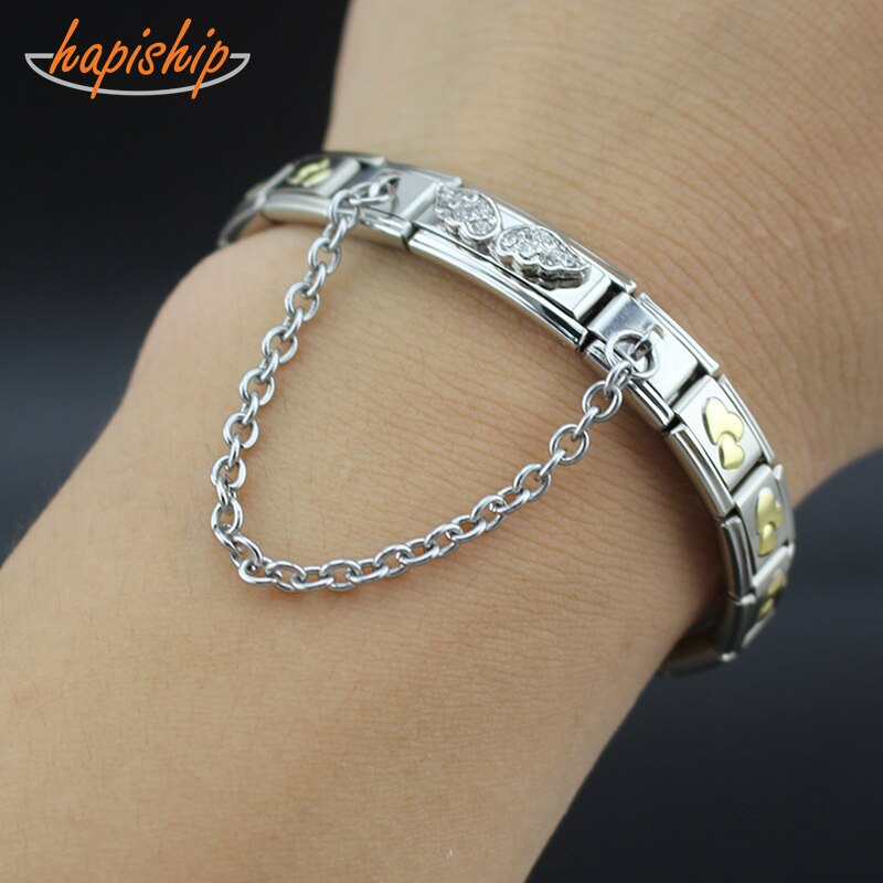 Glücks-Armbinde für damen aus edelstahl, 9mm- teilig, mit flügelgliedern, blumen- und herzanhänger, armreif, schmuck  g64-10