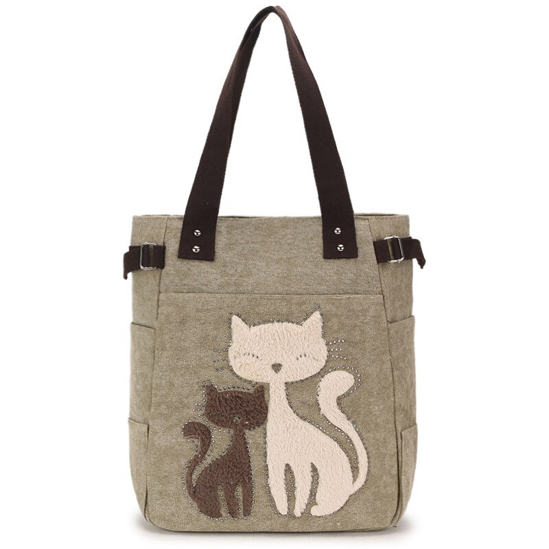 Dames Canvas Tas Vrouwen Schoudertassen Vrouwelijke Leuke Kat Handtas Casual Totes Lady College School Boeken Tas Boodschappentas Voor meisjes: Khaki