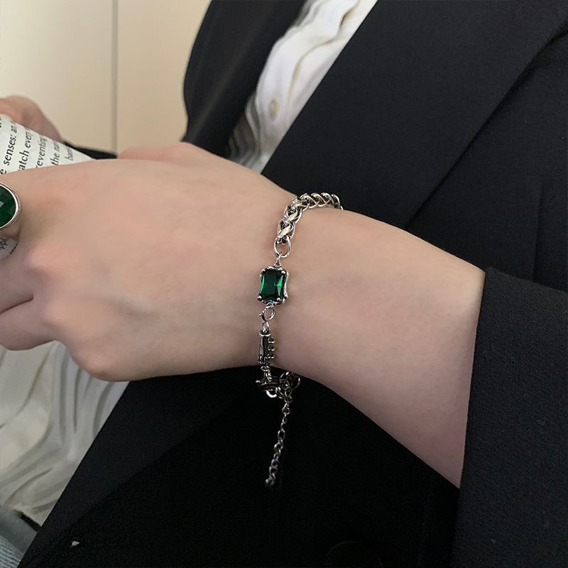 FOXANRY 925 braccialetti con timbro per donna Trendy elegante affascinante Vintage catena unica zircone verde gioielli per feste di compleanno