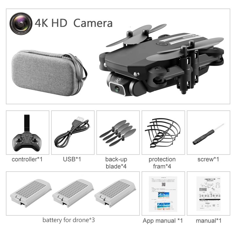 Pocket Drone With HD Camera LED Lights LS-MIN Dron Quadcopter 5.0MP/4K Altitude Hold Mode FPV WiFi Mini Drone Profissional Drone: 4KBlack 3Battery Bag