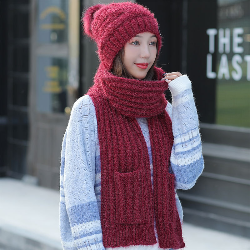Otoño Invierno sombreros de mujer sombreros de de bufanda tejida dos piezas mujeres Gorros Casual Cap Scarf Chapeu Feminino Bonet: wine red