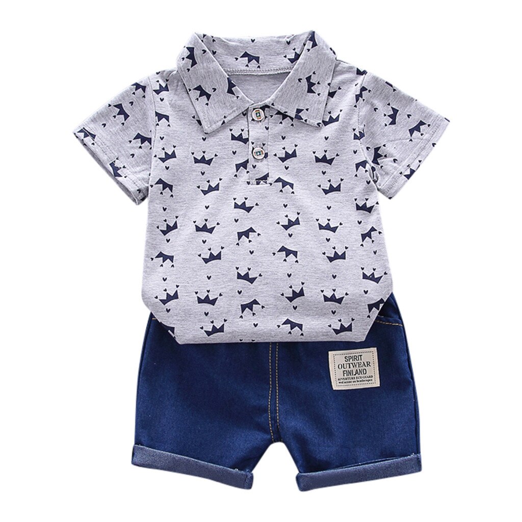 Kleding Outfits Set Peuter Kids Baby Boy Korte Mouwen Kroon Patroon Shirt Tops + Denim Broek Set vestido menina enfant fille: Gray / 3T