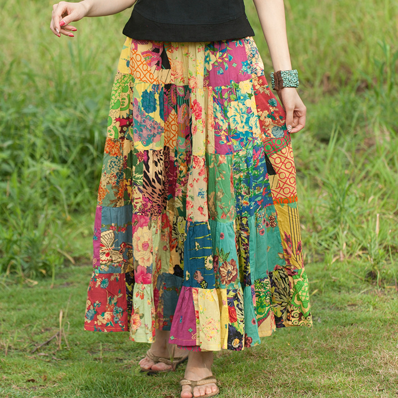 Vrouwen Losse Bohemian Stijl Rokken Dames Elastische Taille Patchwork Rok Vrouwelijke Katoen Rokken 2022 Zomer: YELLOW