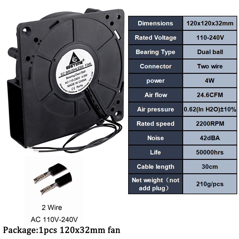 1 stuks 60mm 80mm 90m 120mm ac 110v 220v 240v 3 inch dubbele bal plastic universele koeler pc cpu ventilatoren luchtstroom voor computers: 120 x 32mm dubbele bal