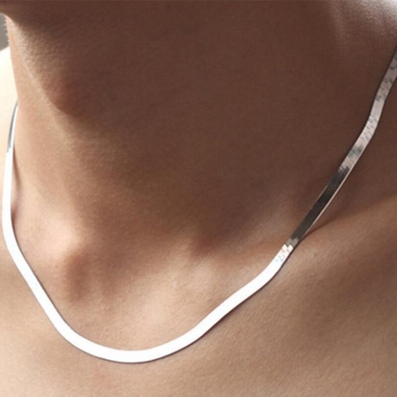 Eenvoudige Mode Zilveren Kleur Ketting Voor Vrouwen Mannen Unisex Flat Snake Choker Link Chain Karabijn Choker