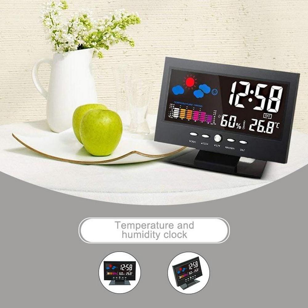 Digital LED Backlight Aalarm Clock Temperature And Humidity Monitor Desktop Weather Station Meter Time Date Clock Voice Control