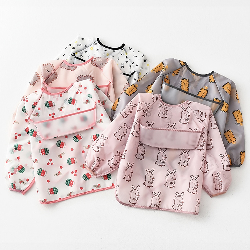 Schattige cartoon baby slabbers waterdichte kleurrijke baby slabbers met lange mouwen kinderen schort met lange mouwen overall voedingsslabbetjes