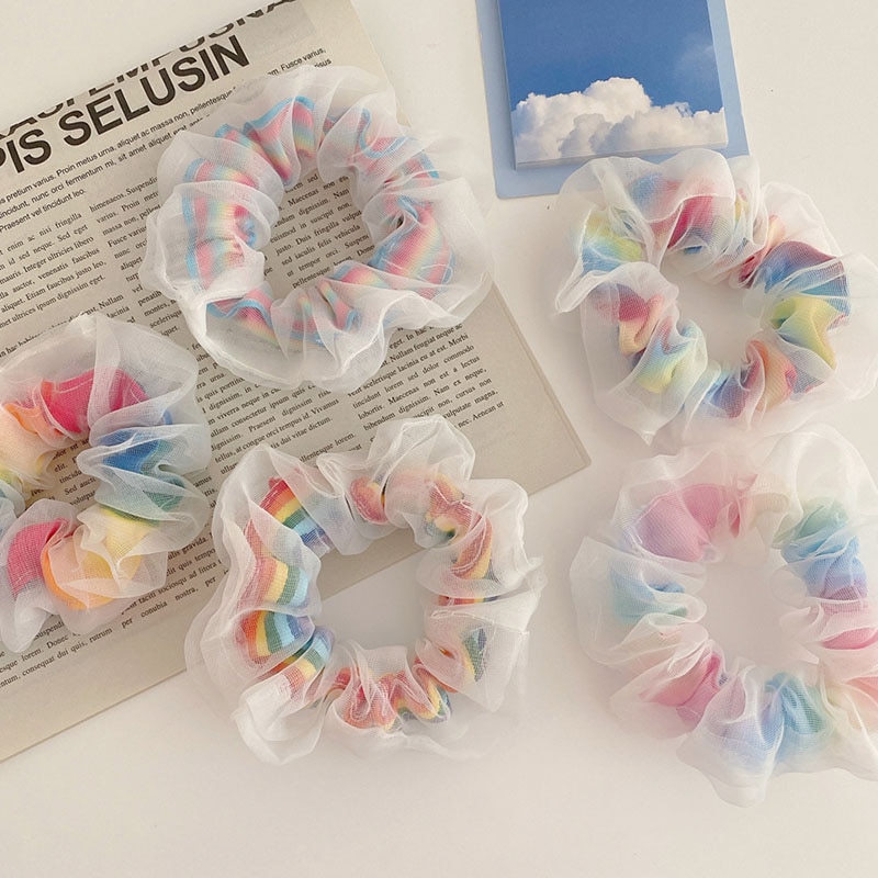 AOMU Korea Gradient Candy Color Headwear Rainbow Mesh Hair Rope for Women Colorful Accessories Cute Sweet Girls