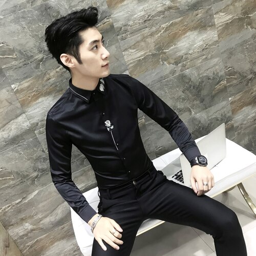 Neue Männer Langarm Bestickt Kleid Shirt Rose Dekoration Party Männer der Hemd Größe S M L XL 2XL 3XL: Schwarz / asiatisch Größe XXXL