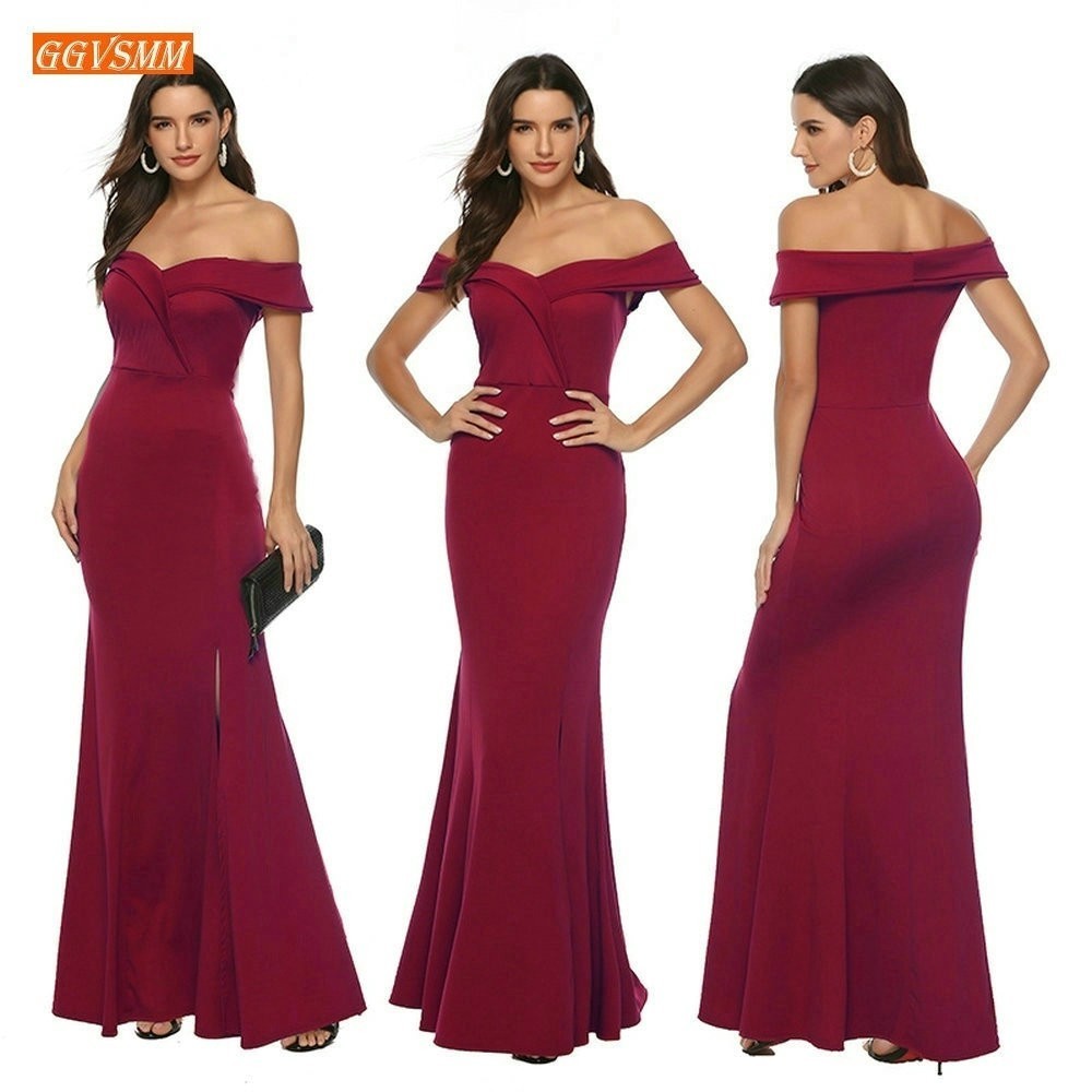 bourgogne sirène robes de demoiselle d'honneur longue pas cher robes de fête de mariage élastique Satin étage longueur Pageant femmes robe