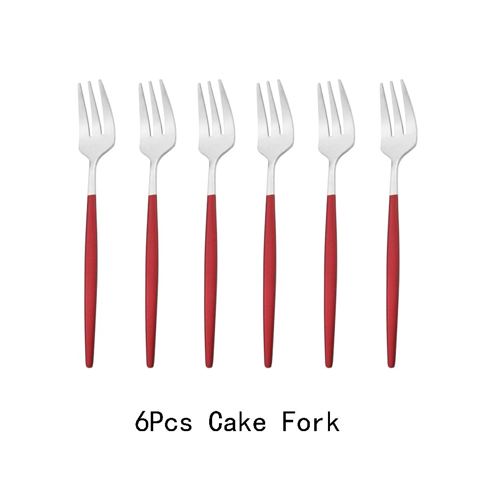 6Pcs Coloful Fork Set Tea Cake Snack Forks Dinnerware Cutlery Matte Stainless Steel Tableware Dessert Fruit Fork Silverware Set: Red Silver