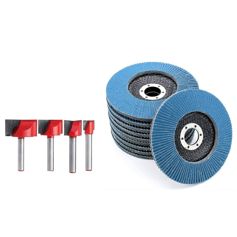 4Pcs Bottom Cleaning Engraving Bit Wood CNC Router Bits &amp; 10Pcs Sanding Sheets Abrasive Flap Discs Abrasive Mop Discs