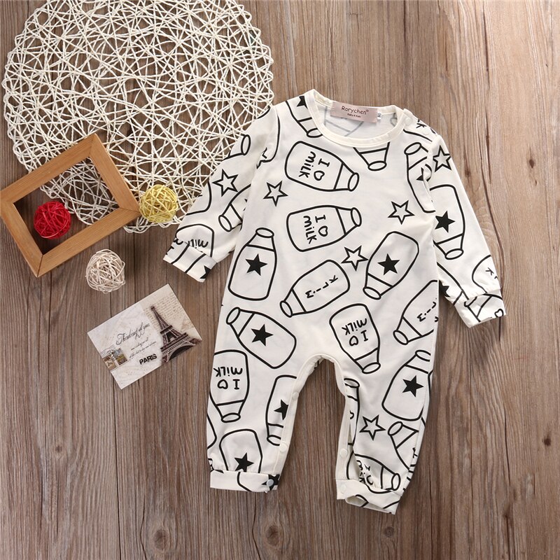 0-12M Summer Baby Boy Milk Bottle Romper Girls Long Sleeve Jumpsuit Infant Clothes Kids Outfit Set For Newborn