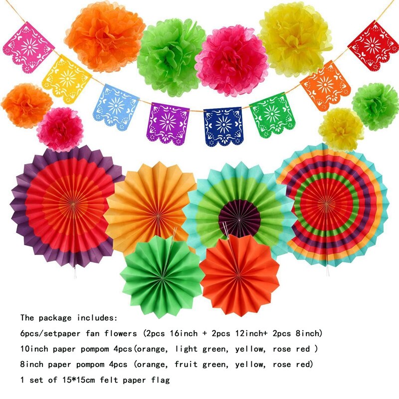 Decoração de festa mexicana, 15 peças corredor de mesa em papel ventilador pompom bola de feltro colorido guirlanda suprimentos de roupa