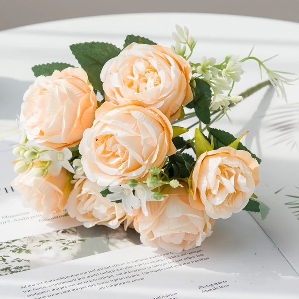 5 fork 15Head Silk Rose For Wedding arch Christmas Wreath Decoration Home Living Room bonsai Photography prop Artificial Flowers: light yellow