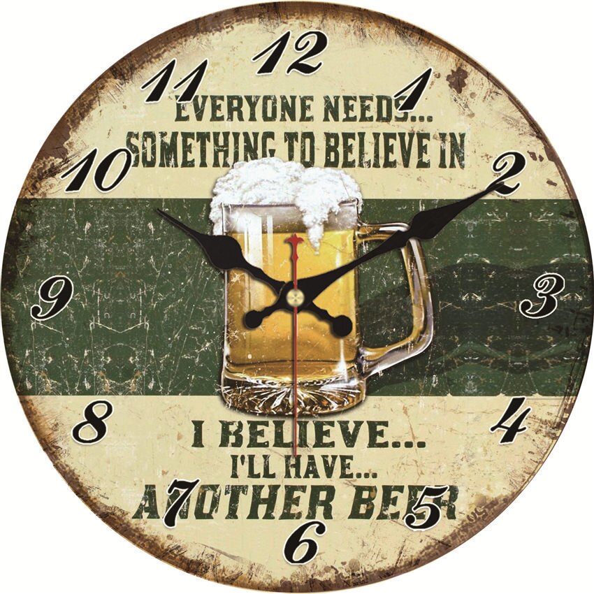 Vintage Kitchen Woodenl Wall Clock Retro Beer Free Cheer Up Quartz Silent Round Wall Clock Battery Operated Non-Ticking: 23932 / 6inch(15cm)