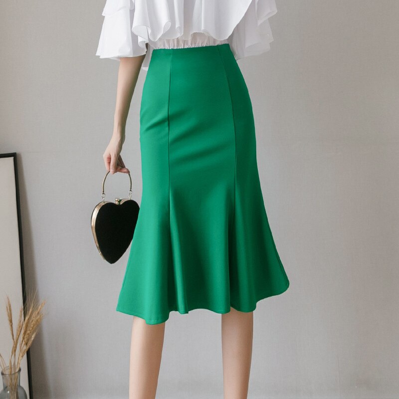 Jupe sirène élégante pour femmes, taille haute, tenue de bureau décontractée, verte, noire, Midi, tout assorti, I150