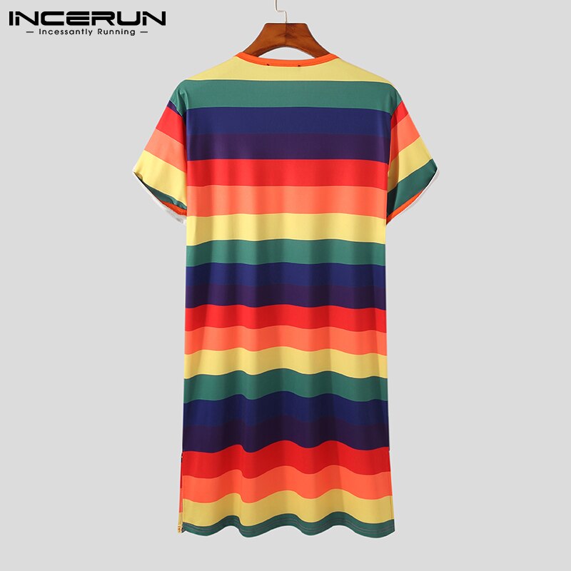 Incerun Mannen Gewaden Kleurrijke Gestreepte O Hals Korte Mouwen Homewear Cozy Leisure Nachtkleding Zomer Heren Badjassen Nachtjapon S-3XL