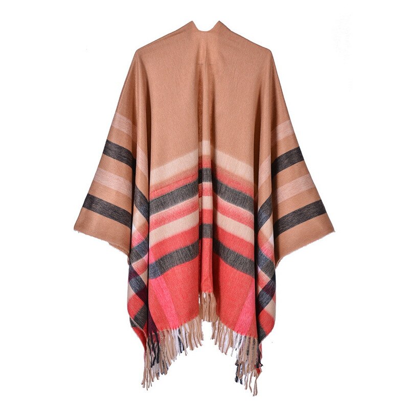 Efterår vinter plus size varme stribede ponchoer og kapper til kvinder oversized sjaler omslag cashmere pashmina kvindelig bufanda: 3
