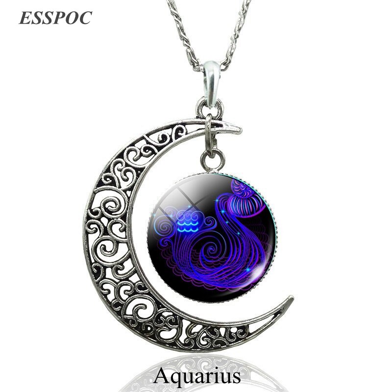 12 sterrenbeelden Hanger Crescent Moon Ketting Weegschaal Schorpioen Steenbok Waterman vissen Sterrenbeelden Ketting Vrouwen Sieraden: Aquarius