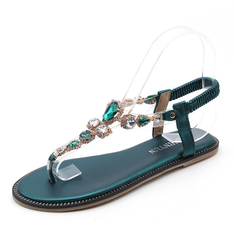 summer woman flat diamonds flat sandal green black color T strap woman crystal flat sandal beach flat rhinestone sandal woman