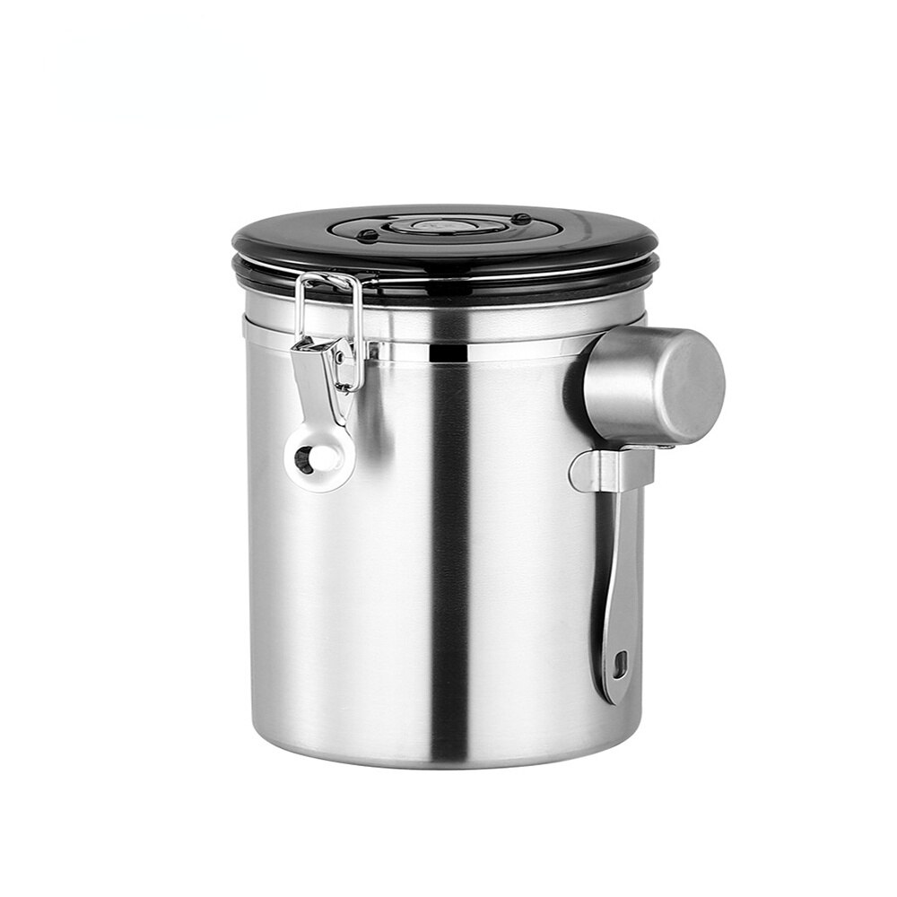 Coffee bean sealed tank 304 stainless steel exhaust valve sealed storage tank with spoon dried fruit preservation tank: Silver / 1.8L
