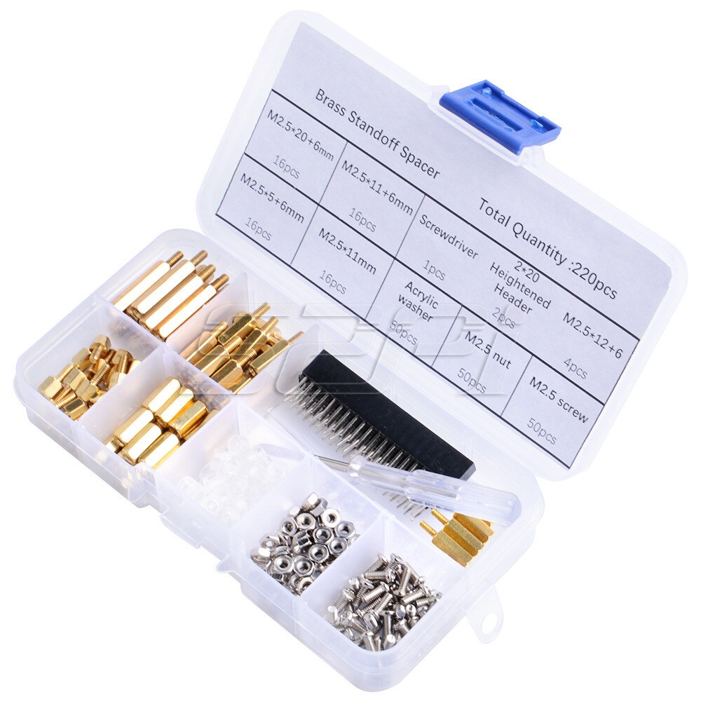 Screws Assortment Kit 220pcs Brass Stainless Waterproof M2.5 Hex Male Female Standoff Screws Box Nut Set for Raspberry Pi Spacer