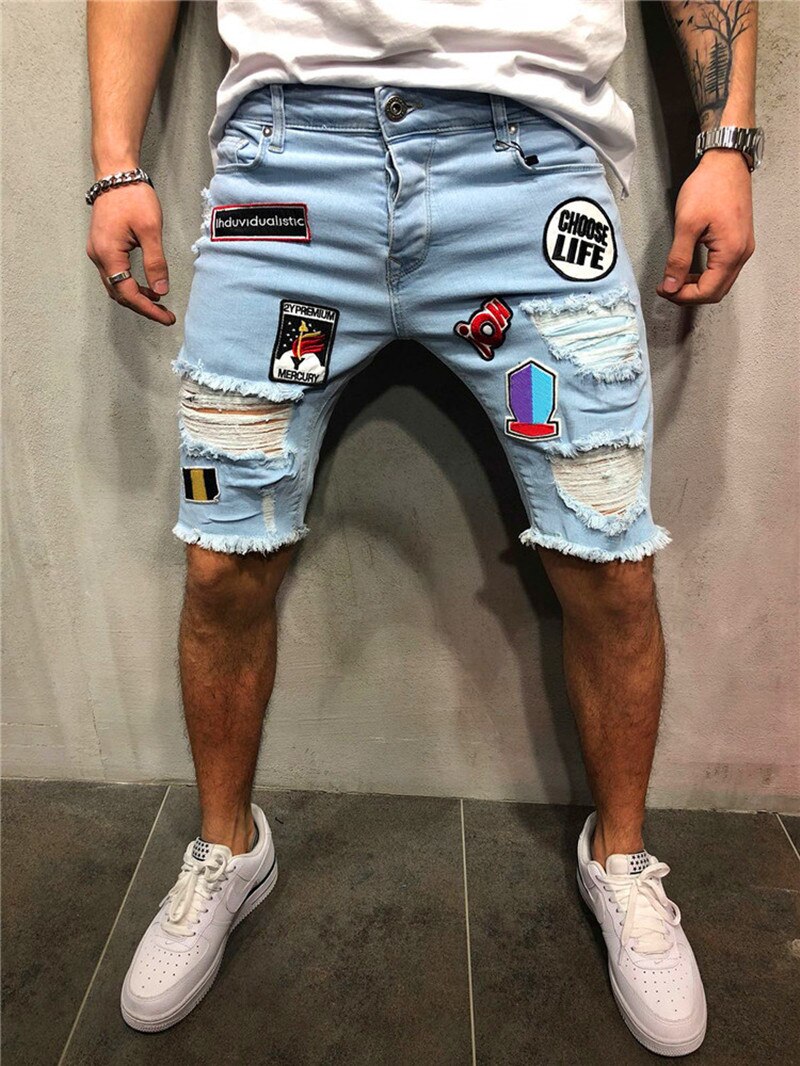 Spring And Summer Men's Stretch Short Jeans Casual Slim Fit Jeans Elastic Badge Broken Hole Denim Short: XXL