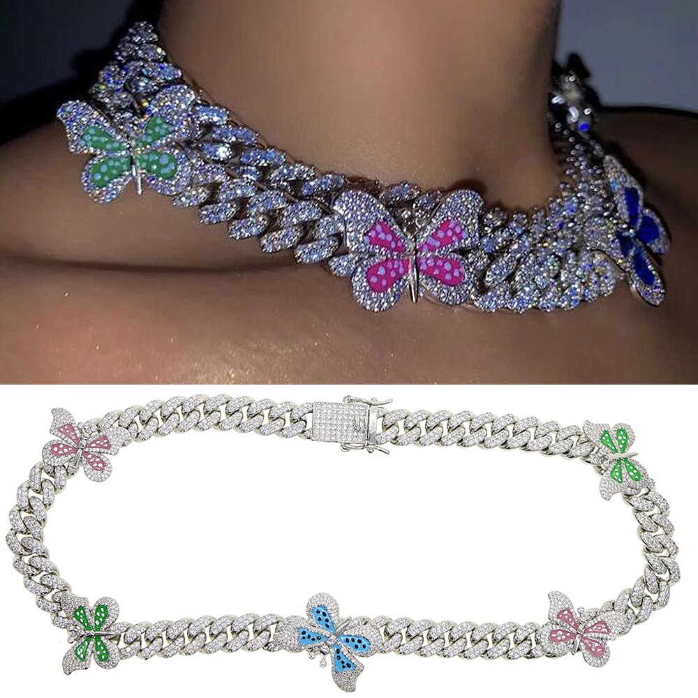 Multicolor Enamel CZ Butterfly Necklace 12mm Iced Out Bling CZ Miami Cuban Link Chain Butterfly Choker Hip hop Women Jewelry