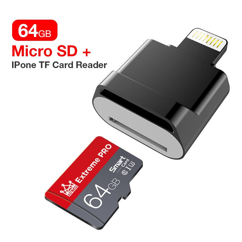 Micro sd tf-kort mini usb-flashdrev pendrive til iphone 6/6s/6 plus /7/7 plus /8/ x usb / otg / lyn 2 in 1 pen-drev til ios 13: Sort 64gb